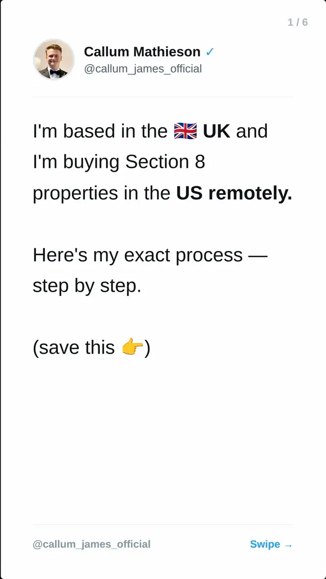 I'm based in the 🇬🇧 UK and I'm buying Section 8  properties in the US remotely — here's my exact  4-step process 👇 Most people overcomplicate this. They spend hours  manually checking HUD payment standards, building  spreadsheets, and still end up guessing whether a  deal actually cashflows. I built a tool that does it all in 60 seconds. You paste any Zillow, Redfin or Realtor.com listing  into Section8Intelligence.com and it instantly pulls: ✅ The real HUD payment standard for that ZIP code ✅ Projected monthly cashflow ✅ Risk score ✅ A clear Buy or Pass verdict No spreadsheets. No manual HUD lookups. No guessing. I only spend time doing deep due diligence on deals  that the AI flags as a Strong Buy — everything else  gets skipped instantly. This is how I'm building a US rental portfolio  without ever leaving the UK. 💬 Comment 