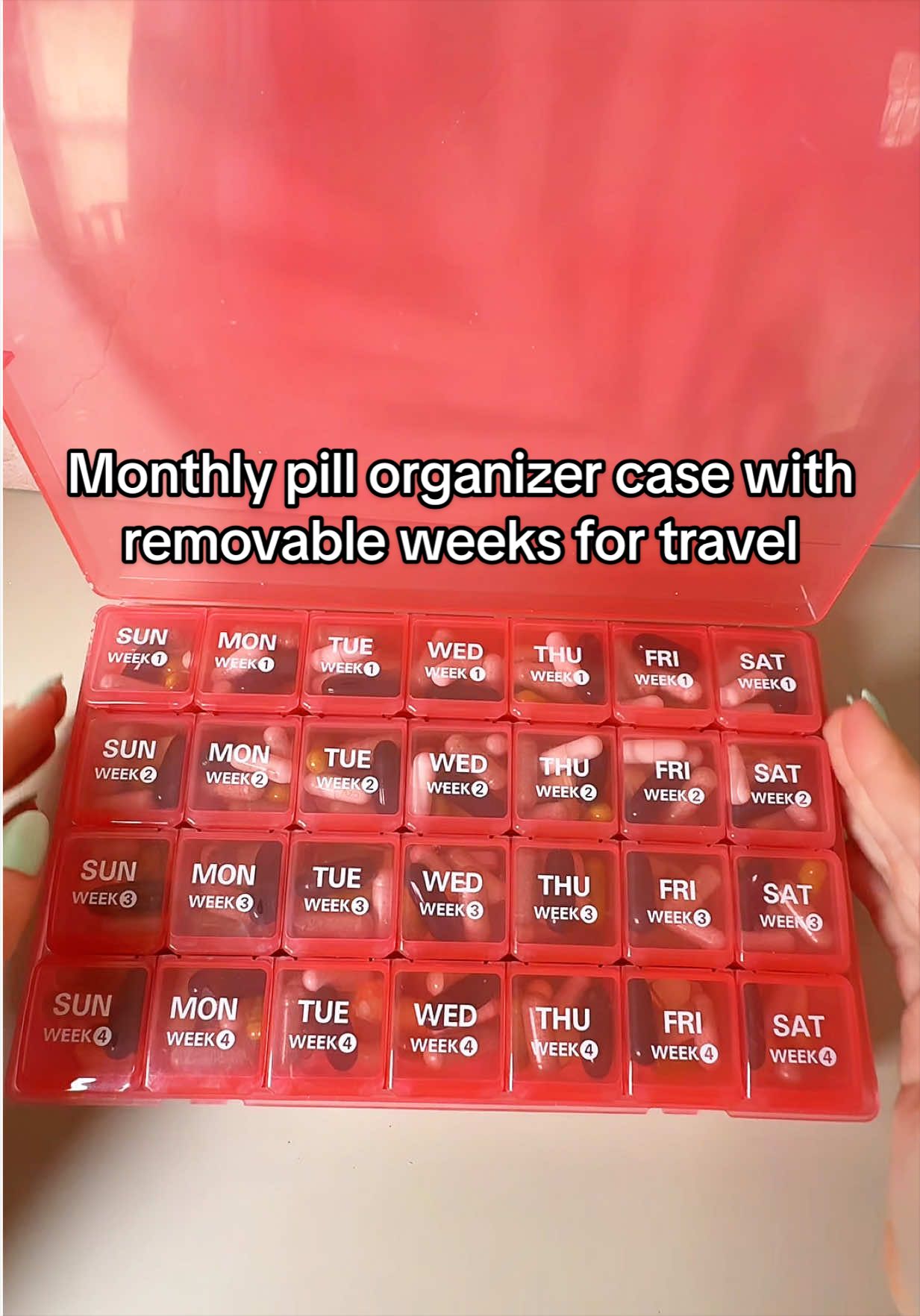 Why are you still prepping your pills weekly when there’s a better way??? This monthly pill organizer case has removable weeks for travel, and helps organize your medication to save you time for busy routines and travel, and helps greatly with consistency and routine! #pillbox #pillcontainer #pillcase #pillorganizer #monthlypillorganizer 
