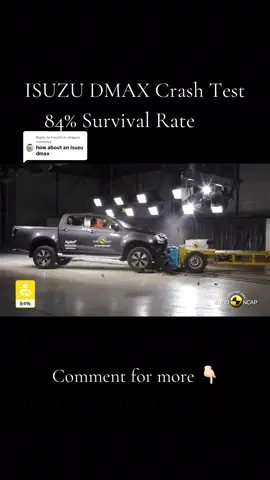 Replying to @t-scott-m-chapu  ISUZU DMAX Crash test Euro NCAP performs a series of crash and safety tests on car models: •	a frontal impact test, 50% of the width of the car is striking an oncoming deformable barrier, also travelling at 50 km/h •	a frontal impact test, the car impacts a rigid full width barrier •	a side impact test, a mobile deformable barrier impacts the driver's door •	a pole test, the tested car is propelled sideways into a rigid pole •	a far-side impact test, the robustness of the centre airbag is evaluated by two dummies in the front. A series of pedestrian tests are conducted with different impactors, adult and child head form, lower and upper leg form and whiplash tests are performed on a sled as well as AEB pedestrian and cyclist tests. Active safety is tested based on the car’s equipment: autonomous emergency braking car-to-car scenarios, occupant status monitoring (including seatbelt reminders), lane support and speed assistance technologies. #foryou #foryoupage #safety #crashtest 