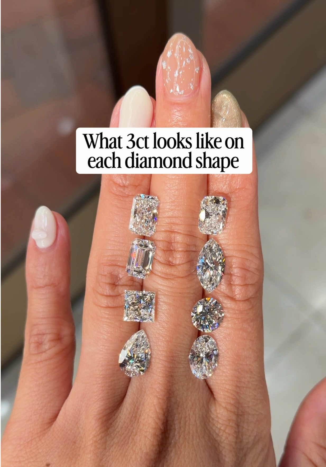 What 3 carats looks like on each diamond shape ✨ Carat is a unit of weight, not size. 1 carat = 200 milligrams. This is why some shapes look smaller or bigger than others, despite being the same carat size. Each one carries its weight differently, similar to how humans of varying heights and builds can weigh the same but look vastly different. 💌 Send this to someone who’s shopping for engagement rings 💍 💖 Save this video for reference ✨ 💬 Send us a text if you have any questions or inquiries: 714.899.1122