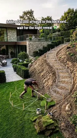 The ultimate DIY hillside renovation. 🌿 Watch this satisfying landscaping timelapse take a steep dirt embankment and turn it into a custom curved staircase with gravel steps and LED lighting. Would you want a luxury garden design like this in your yard? 🔨✨ #landscaping #backyardmakeover #backyardtransformation #Homerenovation #DIY 