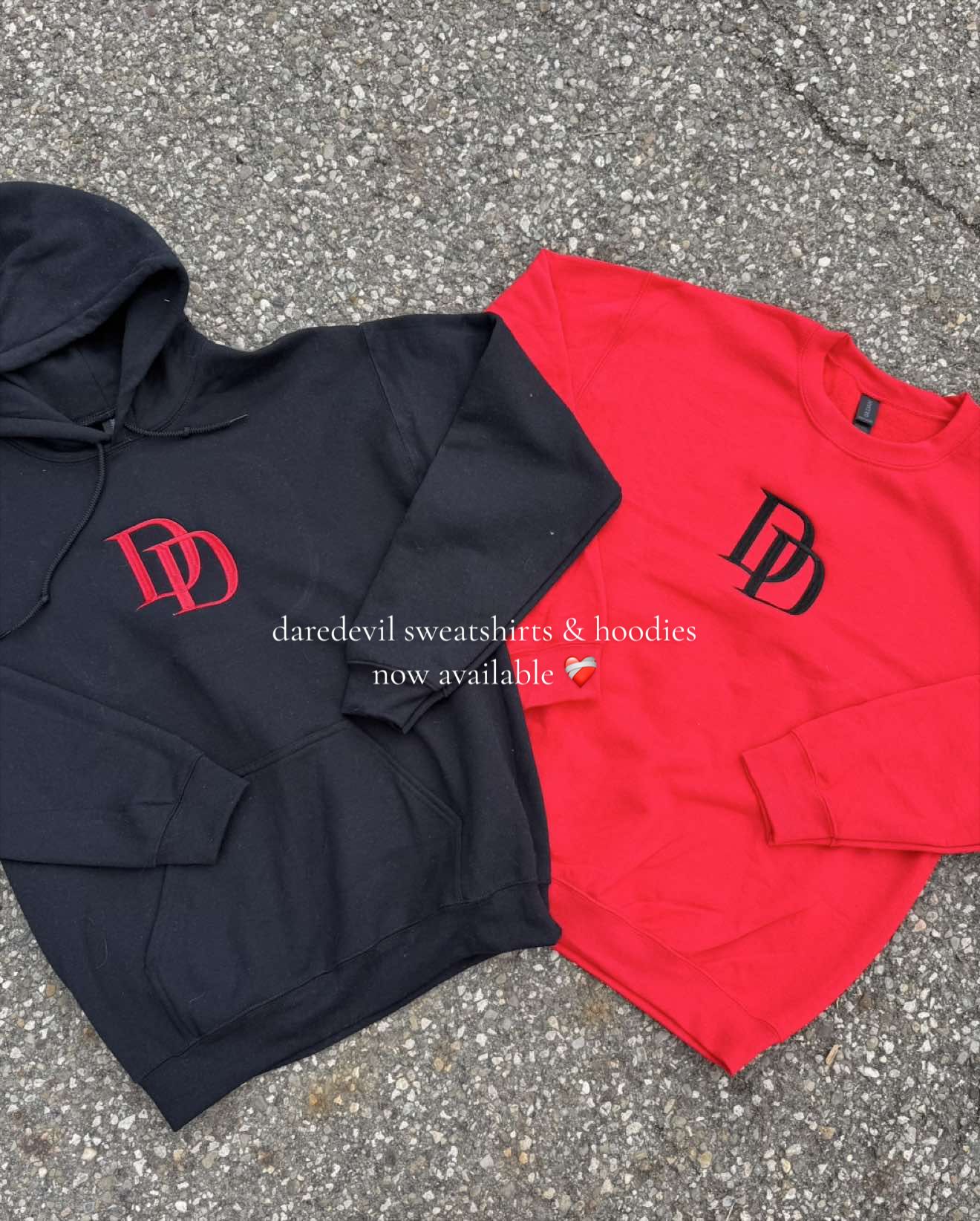 got a few requests about hoodies & sweatshirts with this design so i listened 🤝🏼 for those who wanted these instead of the quarter zips, i got you! available on my shop ❤️‍🩹 #daredevil #daredevilbornagain #mattmurdock #marvelsweatshirt #marvel 