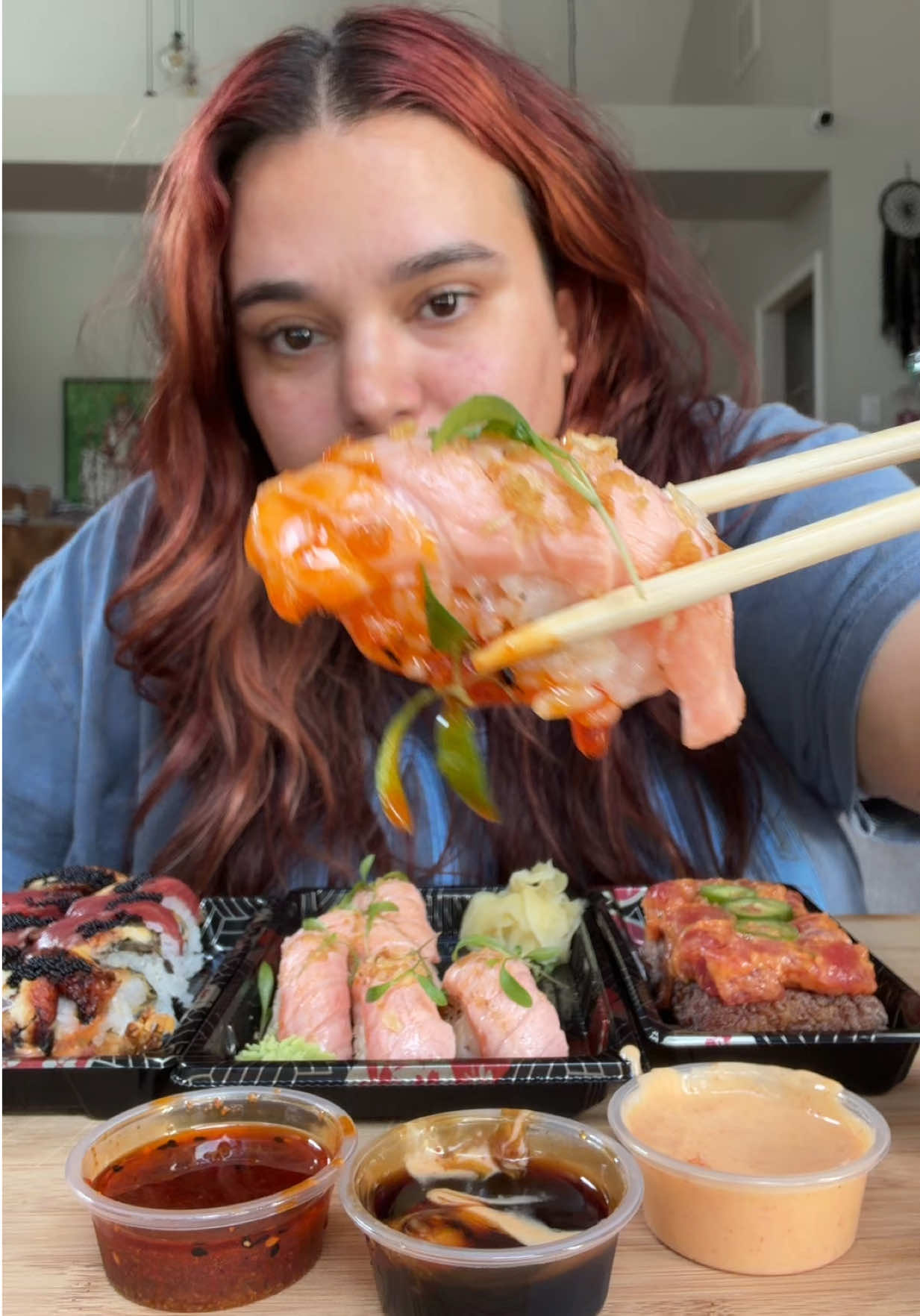 Sushi + a little too much yapping 🤪 #mukbang #sushi #crispyrice #eatwithme #foodtiktok 
