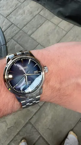 seiko presage blue dial on wrist. clean automatic watch, deep blue sunburst dial, classic dress watch feel with everyday versatility. simple, refined, and one of the best entry level watches for mens style and watch collections. what do you think of the presage? #seiko #seikopresage #menswatches #watchtok #watchstyle