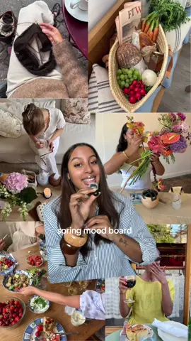 spring mood board 🌸🐚🌷🦪 everything I’m focusing on this season #springactivities #floralarrangements #knitting #springknits #dinnerpartyideas 