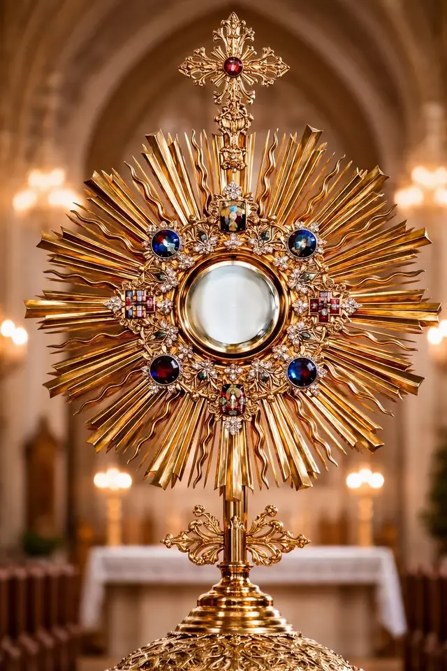 A breathtaking golden monstrance shines with divine beauty, its radiant sunburst design symbolizing the glory and presence of Christ. Adorned with vibrant gemstones and crowned with a delicate cross, it stands as a powerful representation of faith, reverence, and devotion. The luminous center draws the eye, inviting quiet reflection and awe. 🌟🙏💛 #Faith #Catholic #Monstrance #BlessedSacrament #Eucharist