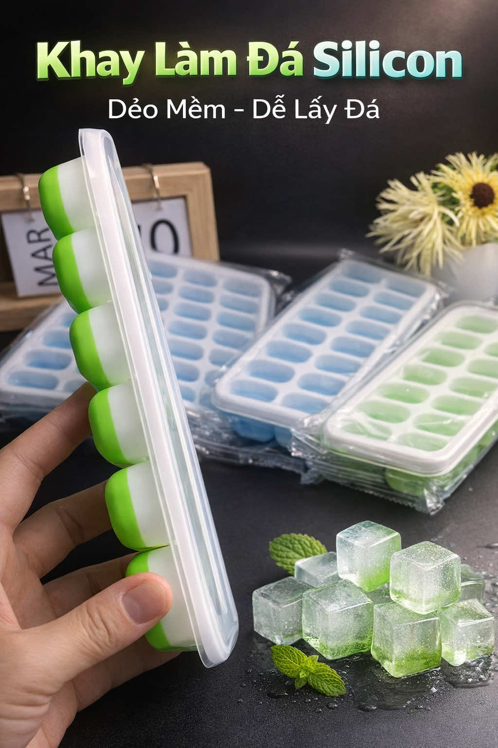 Khay làm đa lạnh có đáy làm bằng silicon mềm , ấn nhẹ là lấy đá ra dễ dàng , sắp xếp gọn gàng trong tủ lạnh #khaylamdathongminh #khaylamdasilicon #tongkhogiadung186 