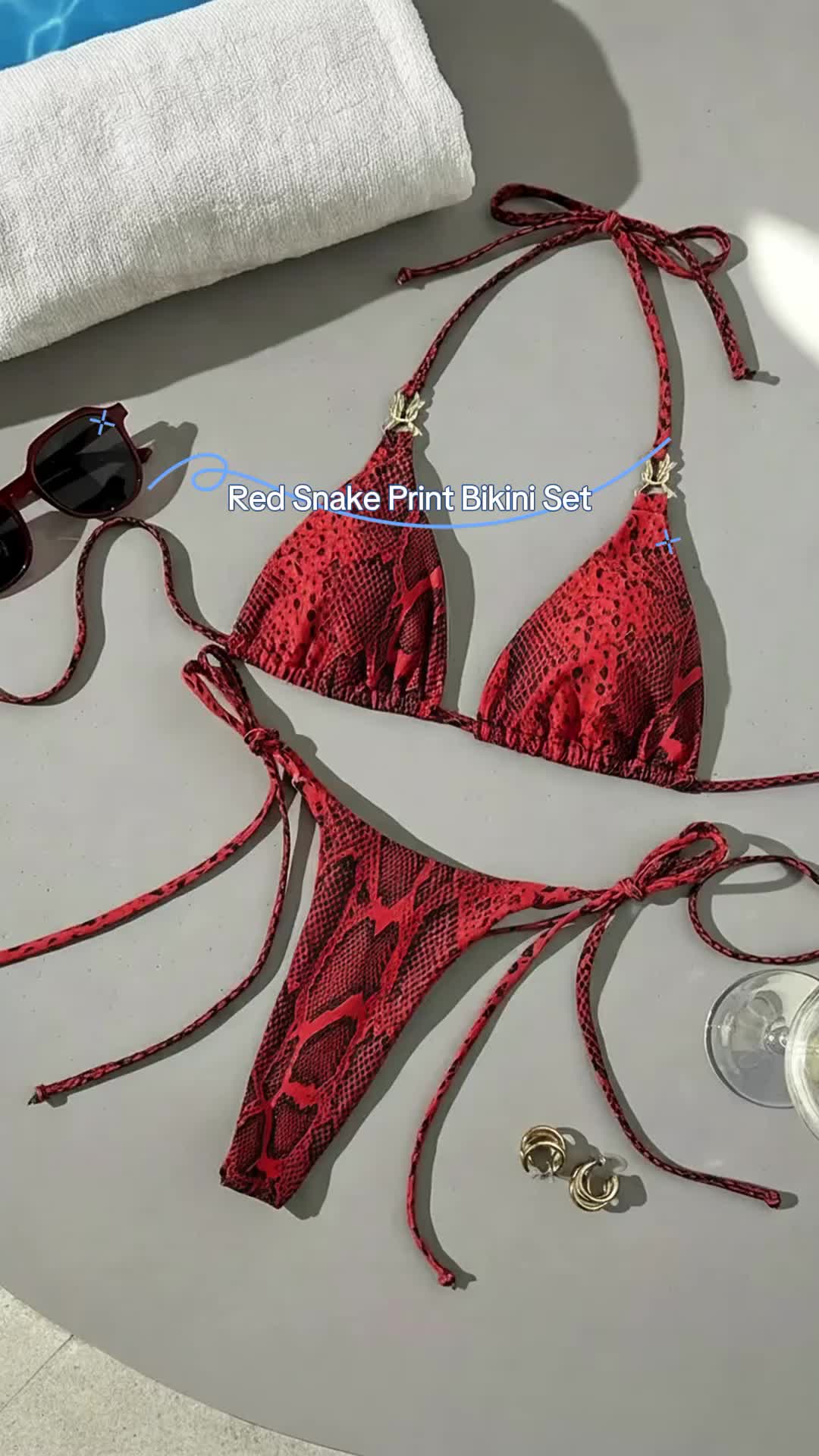 Red Snake Print Triangle Bikini Set, Sexy Tie-Side Thong Bottom, Women's Two-Piece Swimsuit for Summer Beach Vacation 