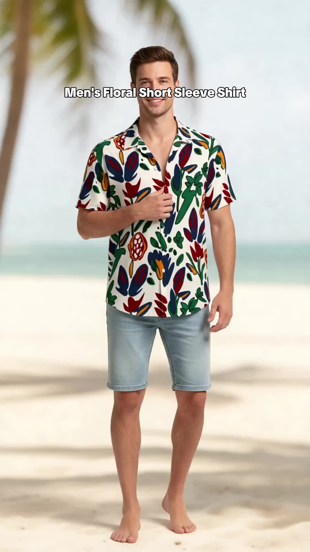 Men's Colorful Floral Pattern Lapel Short Sleeve Shirt, Summer Casual Beach Shirt Fashion Trendy Top #short-sleeve #shirt #New #Summer #Arrivals