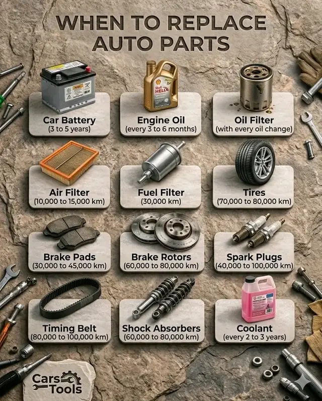 🚗 ESSENTIAL GUIDE: When to Replace Your Car Parts? 🔧 Proper preventive maintenance is the key to avoiding expensive repairs and keeping your vehicle safe, efficient, and reliable. Knowing the right replacement intervals for your auto parts can save you thousands of dollars in the long run! 💸 Check out this complete car maintenance schedule for every driver: ⚙️ ENGINE & FILTERS  * 🛢 Engine Oil: Every 3 to 6 months. Essential to lubricate components and prevent engine overheating.  * 🧰 Oil Filter: Replace with every oil change to keep the system free of impurities.  * 🌬 Air Filter: Every 10,000 to 15,000 km. Improves combustion and boosts fuel efficiency.  * ⛽ Fuel Filter: Every 30,000 km. Protects your fuel injection system from clogging. ⚡ ELECTRICAL & IGNITION  * 🔋 Car Battery: Every 3 to 5 years. Watch out for slow engine cranks or flickering lights.  * 🕯 Spark Plugs: Every 40,000 to 100,000 km. Ensures smooth starting and optimal fuel burning. 🛑 BRAKES & SAFETY  * 🦶 Brake Pads: Every 30,000 to 45,000 km. Don't wait for the screeching sound; worn pads damage your rotors!  * 💿 Brake Rotors: Every 60,000 to 80,000 km. Crucial for stopping power and vehicle stability.  * 🛞 Tires: Every 70,000 to 80,000 km. Check your tread depth regularly for maximum grip and safety. 🛠 SUSPENSION & COOLING  * 🔄 Timing Belt: Every 80,000 to 100,000 km. Warning: If this breaks, it can cause catastrophic engine failure!  * 🛋 Shock Absorbers: Every 60,000 to 80,000 km. Essential for driving comfort and road handling.  * 🌡 Engine Coolant: Every 2 to 3 years. Prevents internal corrosion and regulates engine temperature. 💡 PRO MECHANIC TIP: Always refer to your vehicle owner's manual, as intervals may vary based on your driving habits and car model. Regular vehicle inspections are the best way to ensure your car stays in peak condition. 🚘✨ #CarMaintenance #AutoRepair #MechanicTips #VehicleCare #CarsTools 