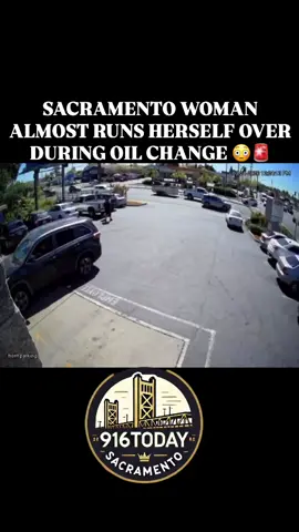 A woman getting an oil change accidentally put her car in reverse instead of park and nearly ran herself over before a quick-thinking employee jumped in and hit the brakes while she was still hanging on — wild close call off Watt Ave in Sacramento. 😅 #916 #sacramento #viral #fyp 