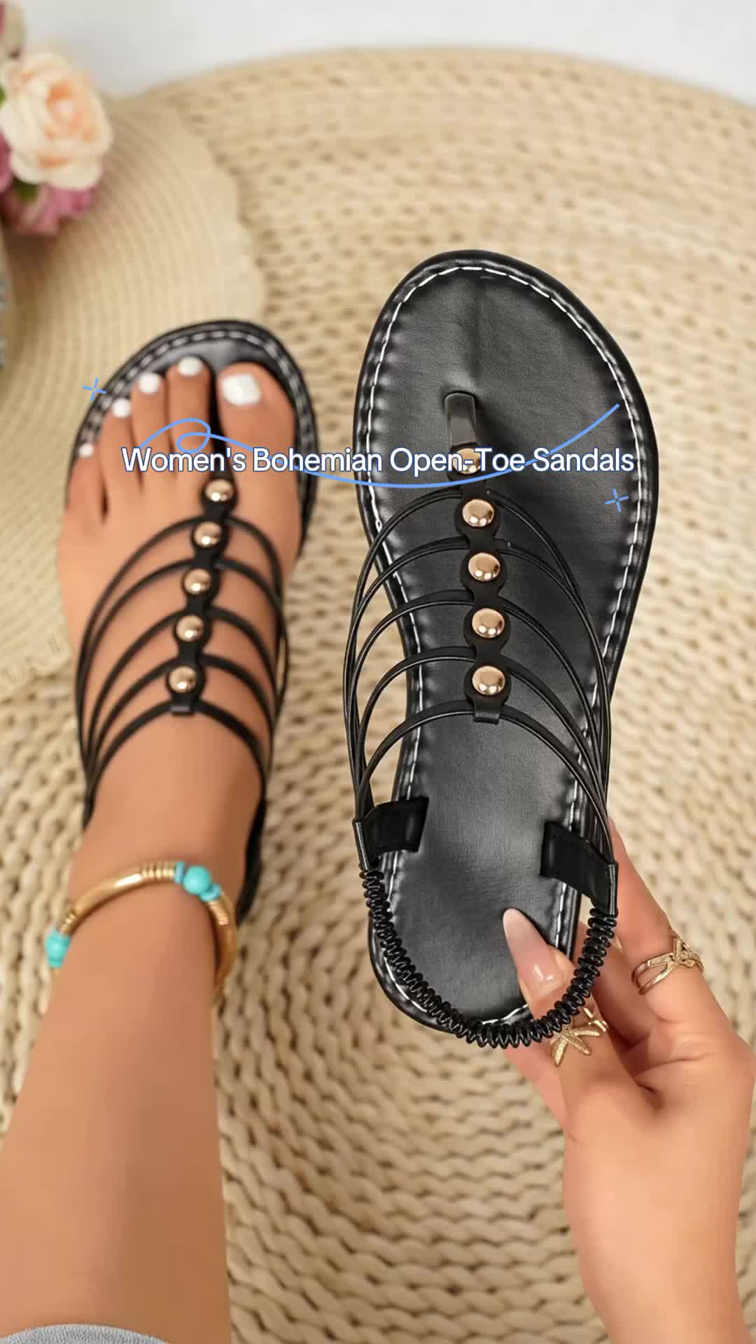 Women's Bohemian Open-Toe Sandals, Flat Sole Rivet Straps, Versatile Summer Vacation Shoes, Fashion Medium Width Less Than Ankle 