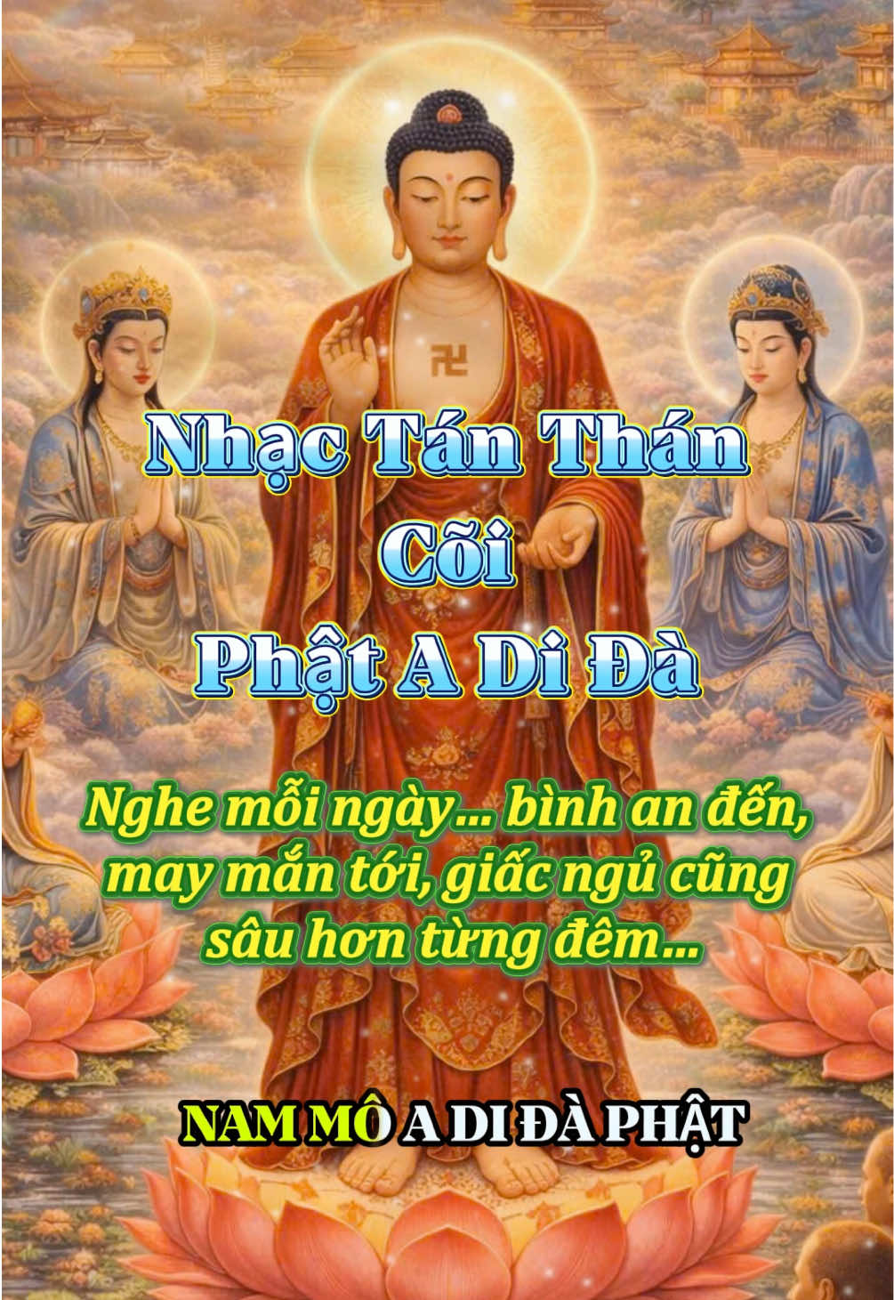 Có một cõi không còn khổ đau… Có một nơi chỉ toàn ánh sáng và bình an…🪷🪷🪷 Nơi đó gọi là Cõi A Di Đà 🙏 Mỗi cơn gió thổi qua ...  Đều hoá thành âm thanh diệu pháp 🪷 Mỗi giọt mưa rơi xuống ... Đều nở thành hoa sen đón người hữu duyên 🪷🪷🪷 Nghe một lần… Tâm an một chút Nghe nhiều lần… Phiền não nhẹ dần 🪷 🙏 Nếu hữu duyên… hãy cùng niệm: NAM MÔ A DI ĐÀ PHẬT NAM MÔ A DI ĐÀ PHẬT NAM MÔ A DI ĐÀ PHẬT  ❤️ Bình an sẽ đến… khi tâm bạn hướng về ánh sáng 🍃