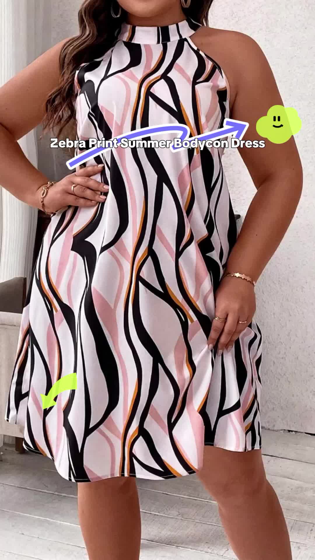 Elegant Zebra Print Halter Summer Dress, Knee-Length Sleeveless Bodycon, Polyester Spandex Blend, Round Neck, Spring/autumn #stripedmaxidress #plussizespringoutfitideas #easterdress2026 #polkadotmaxidress #vestidosplussize #amazonspringdress #mididresses #asosdress #trendydresses #amazoneasterdress