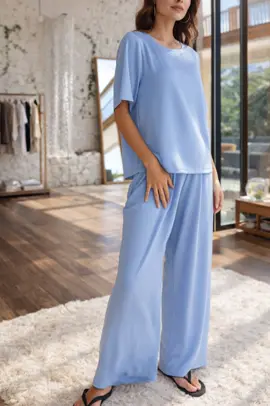 Women's round Neck 2 Piece Set Wide Leg Pants Set Short Sleeve satin Pullover Tops Wide Leg matching set#OOTD #springfashion #outfitinspo #womensfashion #fashion 