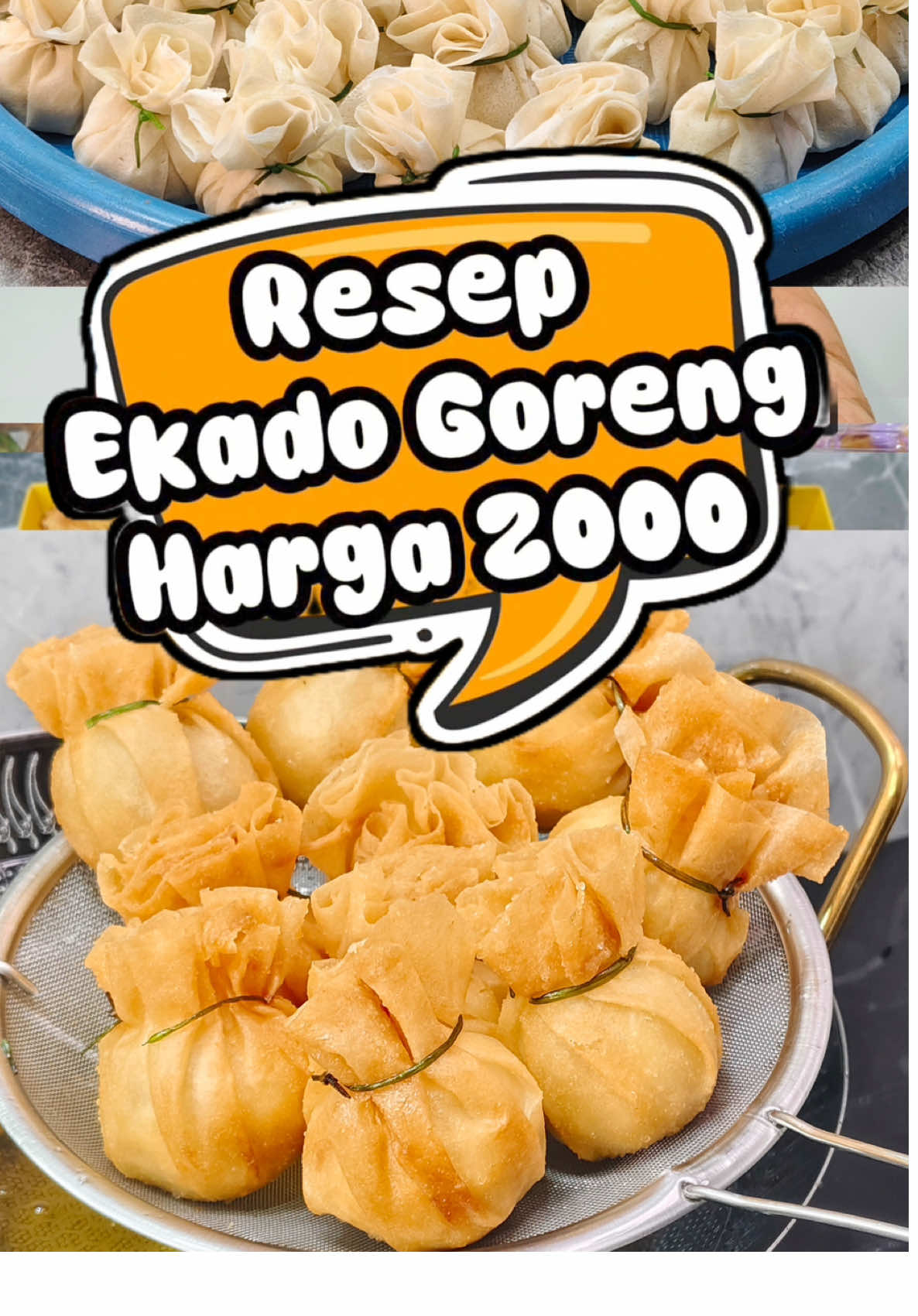 EKADO Rp.2000 @KELUARGAHAMZAH   250gr daging ayam (12.500) 4 siung bawang putih (500) 1 sdm bawang goreng (500) 125gr es batu 1 telur ayam (2000) 1 sdt garam 1 sct kaldu ayam bubuk (500) 1/2 sdt lada bubuk 1/2 sdt msg 1/2 sdt baking powder (500) 125gr tepung aci (1750) 125gr tepung terigu (1500) 50 butir telur puyuh/560gr (25.760) 50 kulit lumpia (9200) Secukupnya bawang batak/lokio/daun kucai (1000) Gas+tenaga+minyak dll (10.000) Modal -+ 66.210 jadi 50 pcs. Modal per pcs= 66.210 : 50 = 1324 Jika jual 2000, omset= 2000x50 =100.000  Untung= omset - modal              = 100.000 - 66.210              = 33.790 Atau jual sesuaikan dengan modal di daerah masing² #ekado #ekadotelurpuyuh #ekadogoreng #idejualan #jajanan 