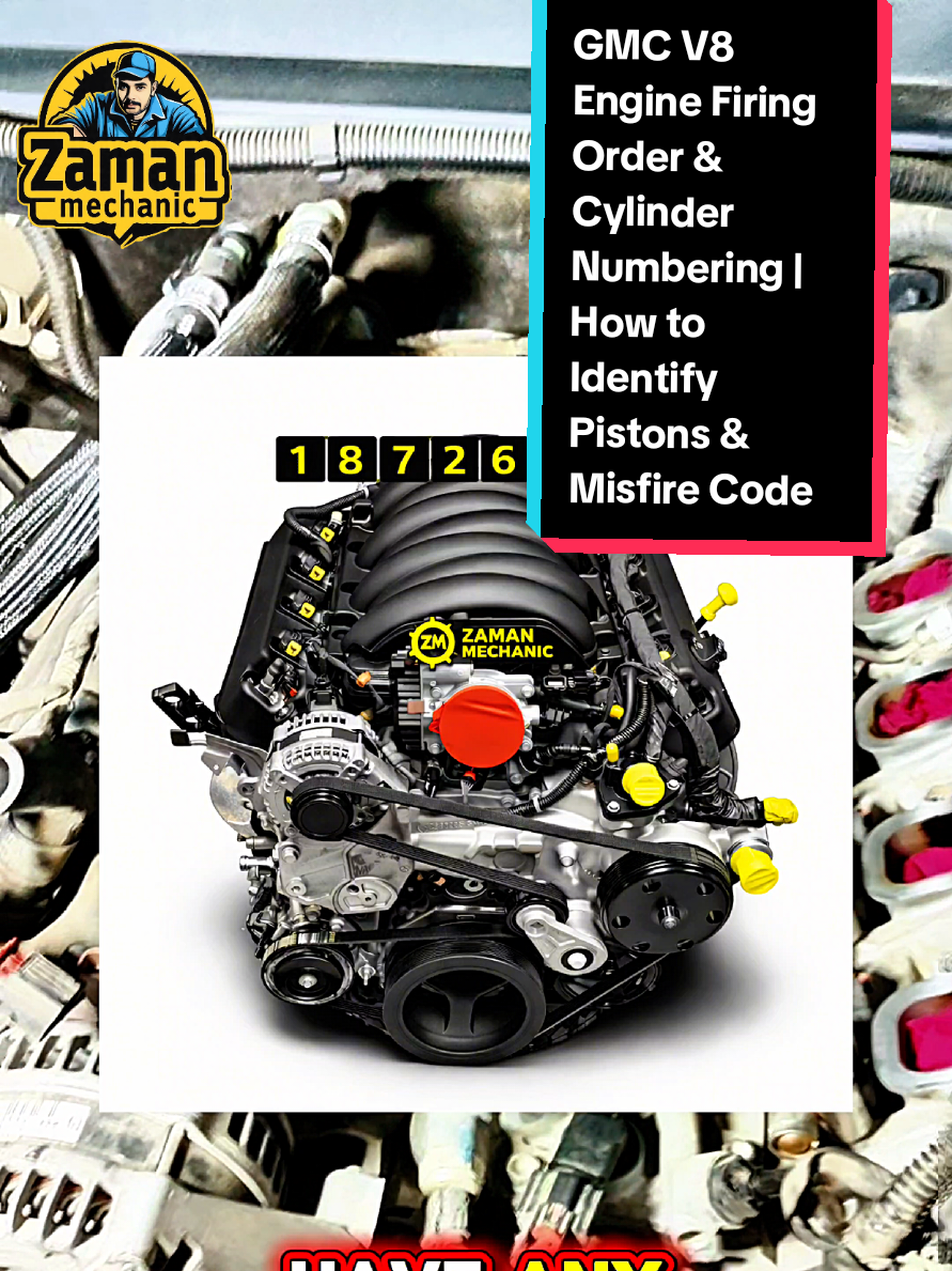 GMC V8 Engine Firing Order & Cylinder Numbering | How to Identify Pistons & Misfire Codes Learn everything about GMC, Chevrolet, Cadillac, and Buick V8 engines in one video! 🔧 Engine firing order: 1-8-7-2-6-5-4-3 Cylinder numbering: Bank 1 (Left): 1,3,5,7 | Bank 2 (Right): 2,4,6,8 How to check misfire codes in 8-cylinder engines Tips for oil change & maintenance using cylinder numbers Understanding which cylinder is causing misfire faults Engine compatibility across GMC, Chevy, Cadillac, and Buick Whether you are a mechanic or a car enthusiast, this video will help you: Avoid confusion while diagnosing engine problems Correctly identify pistons when changing oil or spark plugs Understand ECU misfire codes (P0300, P0301…P0308 for 8 cylinders) If you learned something new today, like, share, and comment below! Follow Zaman Mechanic for more easy and helpful engine videos. Stay connected for more knowledge! GMC V8 firing order Chevrolet V8 firing order Cadillac V8 firing order Buick V8 firing order Engine cylinder numbering How to read misfire codes V8 engine misfire diagnosis 8-cylinder engine firing order Engine maintenance tips Oil change cylinder numbering P0301 P0302 P0303 P0304 P0305 P0306 P0307 P0308 Engine troubleshooting Spark plug numbering Code Cylinder Notes P0301 Cylinder 1 Misfire detected P0302 Cylinder 2 Misfire detected P0303 Cylinder 3 Misfire detected P0304 Cylinder 4 Misfire detected P0305 Cylinder 5 Misfire detected P0306 Cylinder 6 Misfire detected P0307 Cylinder 7 Misfire detected P0308 Cylinder 8 Misfire detected P0300 Random/Multiple Cylinders General misfireZamanMechanic,mechanicZaman,ZamanOGarage,ZamanGarage,ZamanJammu,Mechanic,BestMechanic,TikTokMechanic,YouTubeMechanic,InstagramMechanic,HelpfulMechanic,SpecialistMechanic,TheCommandThatMechanic,VehicleSpecialistMechanic,ZamanaTo,ThisZamanWorkshop,MadinaAutoWorkshop,ShamsZaman,NearbyCarMechanic,CarMechanicAroundMe,CarNotStartingFix,CheckEngineLightProblem,EngineNoiseFix,CarACNotCooling,CarBatteryProblem,BrakeIssueFix,EngineOilProblem,HowToFixCarEngine,AutoRepairTips,MechanicExpertTips,ZamanMechanicUAE,DubaiMechanicUAE,MechanicSaudi,MechanicQatar,MechanicKuwait,MechanicOman,MechanicBahrain,MechanicPakistani,MechanicIndian,MechanicBangladeshi,MechanicAfghan,MechanicUK,MechanicGerman,MechanicFrance,MechanicItaly,MechanicSpain,MechanicUSA,AmericanMechanic,MechanicCanada,MechanicIndonesian,MechanicPhilippines,MechanicMalaysian,MechanicTurkish,MechanicChinese,MechanicJapanese,MechanicKorean,MechanicAfrican,MechanicNigerian,MechanicSouthAfrica,MechanicAustralian car mechanic near me, auto garage near me, car repair near me, car mechanic UAE, car mechanic Dubai, auto repair shop, car workshop near me, mobile mechanic UAE, car engine repair, engine repair specialist, car not starting fix, check engine light fix, car service near me, oil change near me, brake repair car, car AC repair, transmission repair car, car electrician near me, vehicle repair expert, automotive technician, best car mechanic, professional car repair, car maintenance service, car diagnostic service, garage near me car, car fixing workshop, engine problem solution, car engine noise fix, car overheating fix, battery replacement car, car inspection service, used car check mechanic Video Title V8 Engine Firing Order, Cylinder Numbering & Misfire Codes | 3.5L, 5.3L, 6.0L, 6.2L Video Description Learn everything about V8 engines in one video! 🔧 This video covers: Engine firing order: 1-8-7-2-6-5-4-3 Cylinder numbering: Bank 1 (Left): 1,3,5,7 | Bank 2 (Right): 2,4,6,8 How to check misfire codes in 8-cylinder engines Tips for oil change & maintenance using cylinder numbers Understanding which cylinder is causing misfire faults Engine firing order for popular engines: 3.5L V8, 5.3L V8, 6.0L V8, 6.2L V8 Whether you are a mechanic or a car enthusiast, this video will help you: Avoid confusion while diagnosing engine problems Correctly identify pistons when changing oil or spark plugs Understand ECU misfire codes (P0300, P0301…P0308 for 8 cylinders) If you learned so