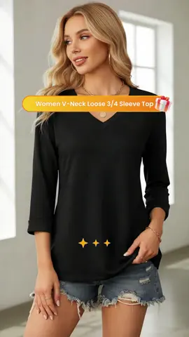Women's Seven-Quarter Sleeve V-Neck Loose Top, Pure Color Elegant Fashion Commuter T-Shirt, Stylish Casual Wear for Everyday Use #womenshirt #ootdforwomen #oversizedtops #cutebasictops #womensweatshirt #vnecktopsforwomen #longsleeveforwomen #womansclothing #womensblouses #womenfashiontrending