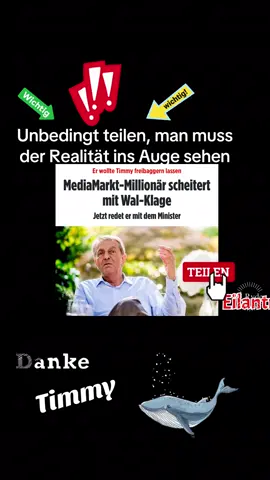 *Stand 11.04.2026:* 1. Klage/Eilantrag von Walter Gunz* - *Eingereicht*: Ja, Gunz hat über den Verein Pixel-Helper, den er unterstützt, einen Eilantrag beim *VG Schwerin* gestellt. Ziel: Genehmigung zum Freibaggern von Timmy. - *Ergebnis: Abgelehnt* - *Begründung des Gerichts*: Unzulässigkeit des Antrags mangels *Antragsbefugnis*. Heißt: Der Verein bzw. Gunz als Privatperson kann nicht für den Wal klagen. Im Tierschutz- und Artenschutzrecht gibt es kein Klagerecht für Dritte. 2. Weitere Verfahren Das VG Schwerin teilte mit, dass es insgesamt *vier Eilverfahren* von Privatpersonen im Zusammenhang mit Timmy gab. *Alle wurden abgelehnt*, gleiche Begründung: keine Antragsbefugnis.  3. Juristische Einordnung* Hauptproblem laut Fachanwälten: 1. *Tierschutz läuft ins Leere* – Gericht prüft nur, ob Behörden rechtlich zu Maßnahmen verpflichtet sind, nicht ob Rettung moralisch wünschenswert wäre 2. *Nur Umweltministerium + nachgeordnete Behörden* sind handlungsbefugt. Privatpersonen können keine Maßnahmen einklagen, selbst wenn sie finanzieren wollen.  4. Wie geht es mit Gunz weiter? Nach der Ablehnung hat Gunz laut Bild gesagt, er bespreche mit seinem Anwalt, „was noch machbar sei“. Ein neues Verfahren ist öffentlich bisher *nicht bekannt.#Ostsee #ocean #Meer #Politiker #Minister 
