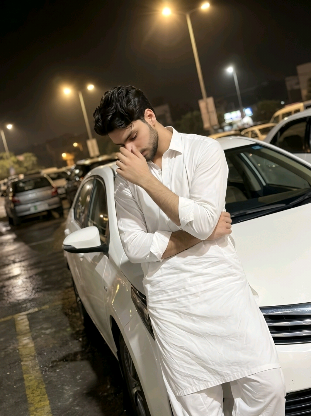 𝙋𝙍𝙊𝙈𝙋𝙏 _Young Pakistani male casually leaning against a white car in a nighttime parking lot. Portrait 3:4, slightly off-center and tilted, unposed snapshot taken by a handheld iPhone. Head tilted down, one hand partially covering face, relaxed posture. Overhead street lighting casts soft, uneven shadows; reflective pavement and other cars fully visible. True-to-life colors, subtle warm tones from lights. Wearing crisp white shalwar kameez with natural folds. Raw, spontaneous, viral social media ⚜️ ‎ ‎ ‎ ‎ ‎ ‎ ‎ ‎ ‎ ‎ ‎ ‎ ‎ ‎ ‎ ‎ Google Gemini AI prompts, Viral TikTok AI trends 2026, Gemini AI image generation, AI prompt engineering tips, Hyper-realistic AI portraits, TikTok creative AI content, Gemini AI tutorial, Trending AI art prompts, Best Gemini prompts for realism, AI influencer growth, Cinematic AI photography, Gemini AI for creators, Viral AI hashtags, AI content strategy 2026, Master Gemini AI. . . . . . . #gemini #googlegemini #ai #promptengineering #aitrends 