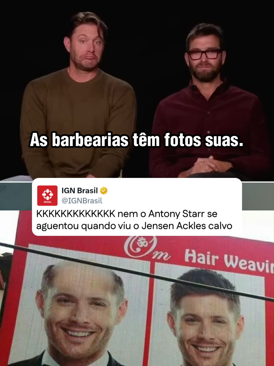 JENSEN ACKLES CALVO NÃO TAVA NO MEU BINGO DE 2026 😂 Durante entrevista ao Hindustan Times, Jensen Ackles e Antony Starr descobrem que há uma barbearia em Mumbai, que usa fotos de Ackles para divulgação de transplante capilar. #theboys #jensenackles #capitaopatria
