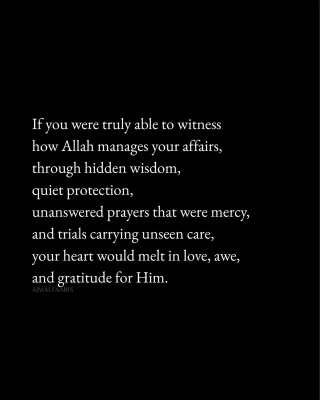 The prayers that were held back to protect you. The pain that carried hidden mercy. The moments you thought you were alone, while you were being gently taken care of. You wouldn’t question. You wouldn’t fear. Your heart would soften… and fall in love with Allah in a way words could never explain. 🤍 #fyp #islam #islamic #islamicreminder #muslim 