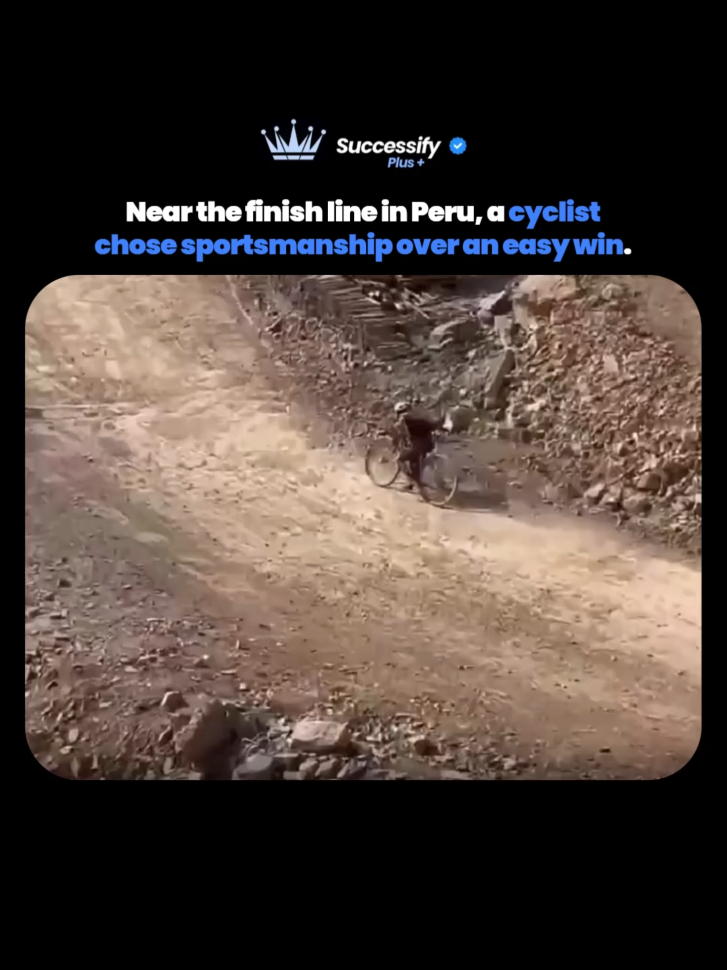 The X post shares a video from a Peruvian MTB Super Cup race where leader Rolando Retamozo suffered a mechanical failure near the finish line, and pursuing rider Antony Huiza Saenz deliberately slowed down to let him win rather than overtake. The dusty track footage shows Retamozo struggling to pedal his compromised bike across the finish under sponsor banners like Maxxis, while Huiza eases back in a display of respect for the leader's prior dominance. #sportsmanship #MentalHealth #lifelessons #bekind #entrepreneurship