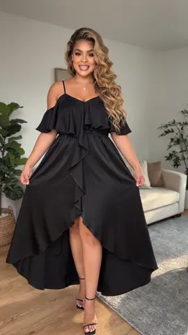 This black ruffle off-shoulder dress is pure elegance🎀🖤 #offshoulderdress #ruffledress #fyp #plussizefashion #elegantdress 