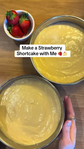 Make a Strawberry ShortCake with Me! 🍓🍰 (For my boyfriend’s mum to celebrate her Birthday ☺️🩷🎉) Ingredients: • 200g margarine •200g caster sugar • 200g self-raising flour • 4 eggs • 1tsp baking powder • 2tbsp milk • 500g strawberries • 600ml double cream • 200g cream cheese • 1tsp vanilla extract • 2tbsp powdered sugar • 2tbsp granulated sugar Instructions: 1) Preheat the oven to 160°C fan, and line two 8 inch cake tins with parchment paper 2) Prep the strawberries by cutting into halves longways, ensure you have enough to fit the diameter of the baking tin. Then the left over ones can be chopped into tiny pieces and covered in granulated sugar for later :) 3) Mix your margarine and caster sugar together. Crack in your eggs one at a time, stirring inbetween 4) Fold in your flour and baking powder, then add the milk 5) Divide equally between your cake tins and bake in the oven for 15 minutes, cool completely on a rack 6) Half whip the double cream, then add the cream cheese, vanilla, and powdered sugar. Whisk until stiff peaks, then transfer into a piping bag 7) Assemble the cake, wrap a cake collar around the base of a cake layer. Place the halved strawberries, facing outwards, around the cake 8) Pipe the cream inbetween the strawberries and then fill the inside right up to the height of the strawberries. Add the chopped strawberries and then top with the remaining cream. Complete with your final layer of cake 9) Remove the collar and dust with powdered sugar Enjoy :) #birthdaycake #strawberryshortcake #strawberry #strawberrycake #recipes 