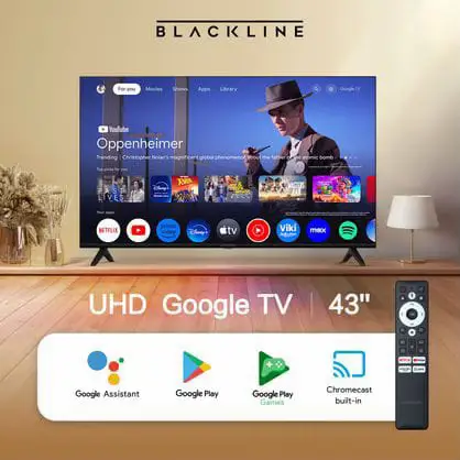 Super precio $280 El televisor Blackline de 43 pulgadas destaca por ofrecer resolución Full HD (FHD) o UHD 4K con el sistema operativo Google TV integrado, lo que permite acceso directo a aplicaciones de streaming y comandos de voz. Es una opción económica con tecnología LED y conectividad inteligente.    Características principales: Pantalla: 43 pulgadas, tecnología LCD/LED. Resolución: Disponible en FHD (1920x1080) y UHD 4K (3840x2160). Sistema Operativo: Google TV. Funciones: Inteligente (Smart TV), generalmente con control por voz.