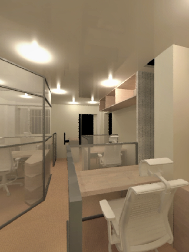 Adecuación Oficina Comercial. Reto: Diseñar en un espacio de 30m2 5 puestos de trabajo, con privacidad, pero visibilidad, para todas las áreas, en especial la de Administración y Gerencia. #arquitectura #remodelaciones #renders