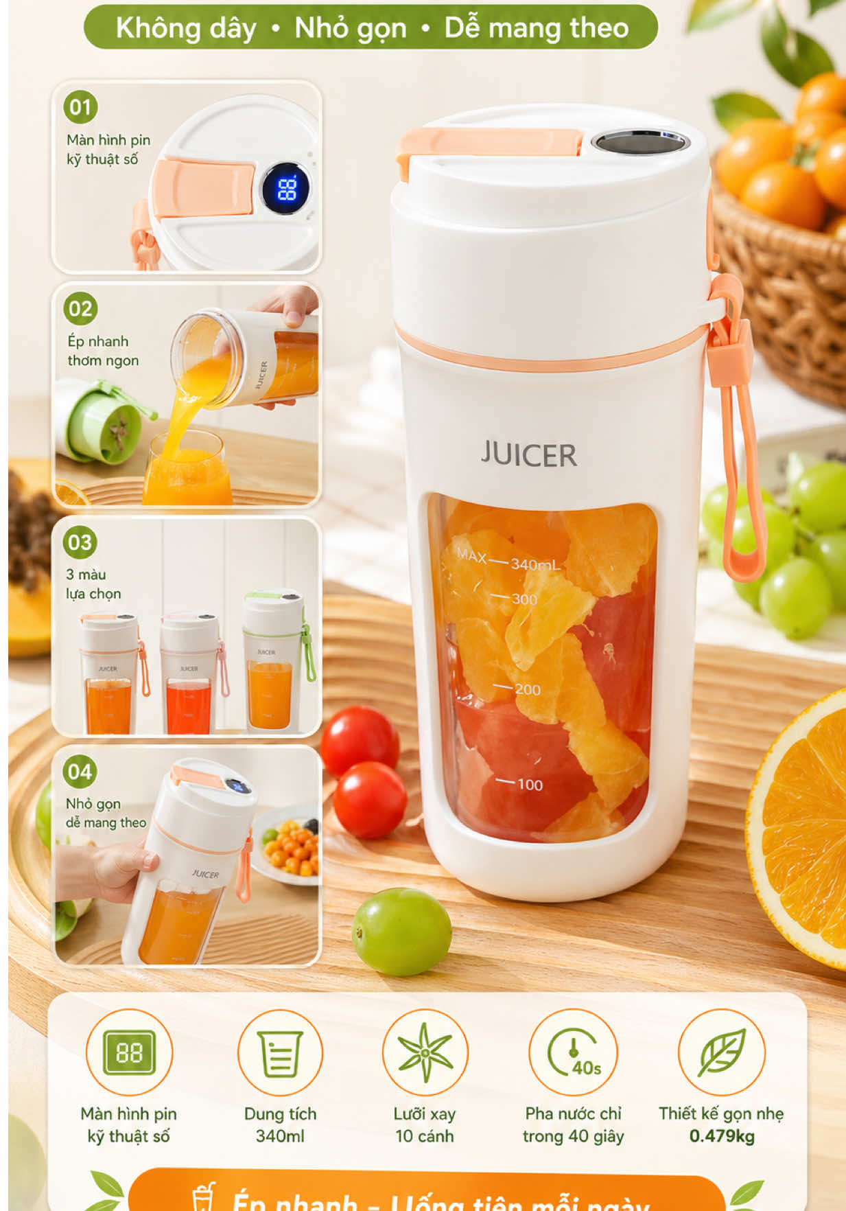 Máy xay trái cây không dây cầm tay 340ML – Thiết kế nhỏ gọn, sạc pin tiện lợi, 10 lưỡi xay mạnh mẽ, có thể xay đá viên và làm sinh tố nhanh mọi lúc mọi nơi! #TikTokShop #xuhuongtiktok #giadungthongminh #MayXayTraiCay #MaySinhToCamTay