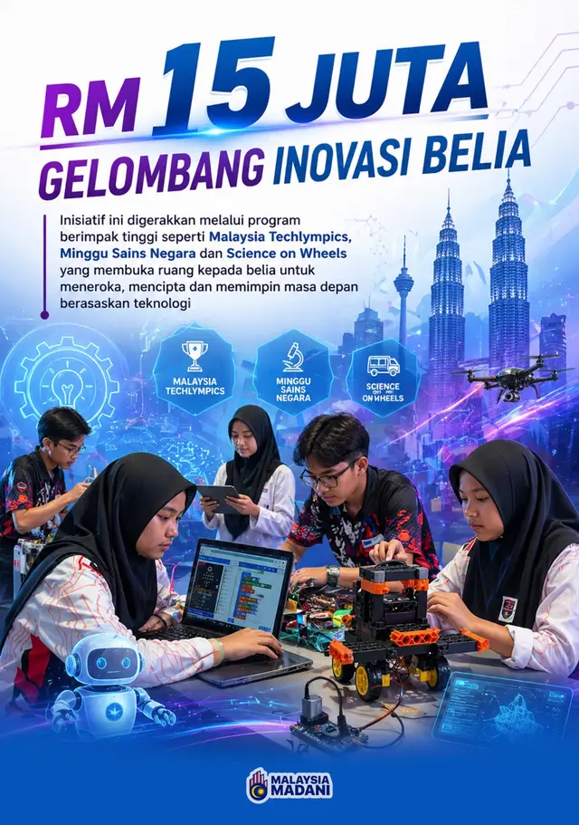 Kerajaan MADANI menerusi MOSTI komited memperkukuh ekosistem teknologi negara melalui peruntukan RM15 juta bagi program berimpak tinggi seperti Malaysia Techlympics, Minggu Sains Negara, dan Science on Wheels.  Inisiatif ini bukan sekadar pendedahan akademik dalam bidang STEM, tetapi strategi future-proofing untuk melahirkan generasi pencipta teknologi. Melalui makmal bergerak Science on Wheels, jurang pendidikan luar bandar dirapatkan bagi memastikan akses saksama kepada inovasi.  Langkah proaktif ini adalah pelaburan modal insan yang kritikal demi memacu daya saing Malaysia dalam ekonomi digital global serta mengukuhkan kedudukan negara sebagai pusat inovasi serantau yang kompetitif dan mampan. #MOSTI #STEM #MADANIBekerja #fyp 