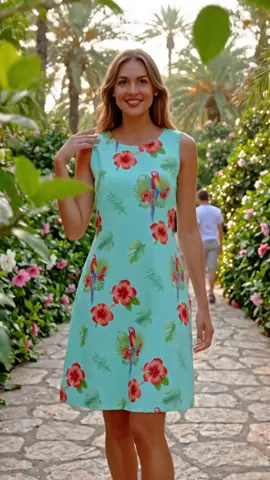 Turquoise Parrot Dress#Trpicaldress #summerOOTD #Hibiscusprint #beachoutfit #vacationdress 
