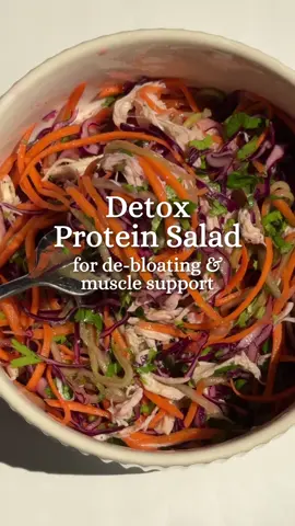 Lean Detox Protein Salad✨  This salad combines lean chicken, hydrating vegetables and fresh herbs to support digestion and steady energy. Nutrition highlights: * High in protein → supports muscle and keeps you full * Rich in fiber → supports digestion and gut health * High in water content → supports hydration and de-bloating * Packed with vitamins A & C → supports immunity and skin health * Naturally low in calories but very filling What it’s good for: + Muscle support & satiety – chicken breast provides high-quality lean protein + Gut health – cabbage, carrot, and cucumber support digestion + Hydration & de-bloating – cucumber and lemon help reduce water retention + Detox support – cilantro and fresh ingredients support natural cleansing + Balanced eating – light but satisfying for everyday meals This salad is fresh, crunchy and protein-packed, making it perfect for lunch, fat loss and a clean eating reset🤍 #detox #saladrecipe #healthysalad #proteinmeals #healthyrecipe 