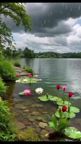 danau yang tenang air hujan lembut 