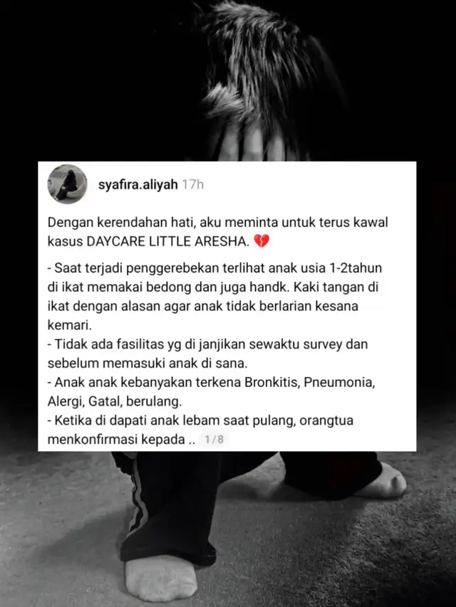 sakit hati banget tiap baca update kekerasan yang dialami anak2 di daycare ini 💔💔 Semoga anak2 yang terlibat segera dipulihkan traumanya dan bisa kembali ceria. Semoga orang tua diberi kekuatan dan kesabaran mendampingi anaknya. Dan semoga kasus ini segera diusut sampai tuntas dan para pelaku mendapatkan sanksi seadil-adilnya 🙏🙏 Credit: @syafira.aliyah #daycare #viral #kekerasananak #fyppppppppppppppppppppppp  #fyp 