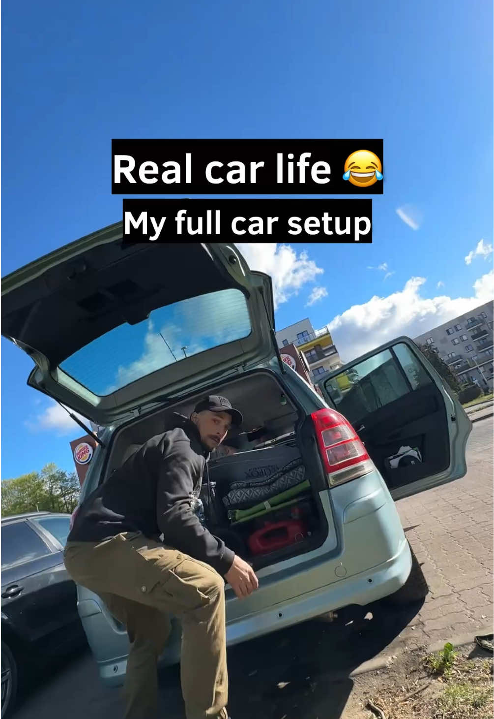 My full car setup 🚙 This is how I live, sleep and survive every day. Saving for a camper ❤️ #livinginmycar #vanlife #carsetup #reallife #fyp