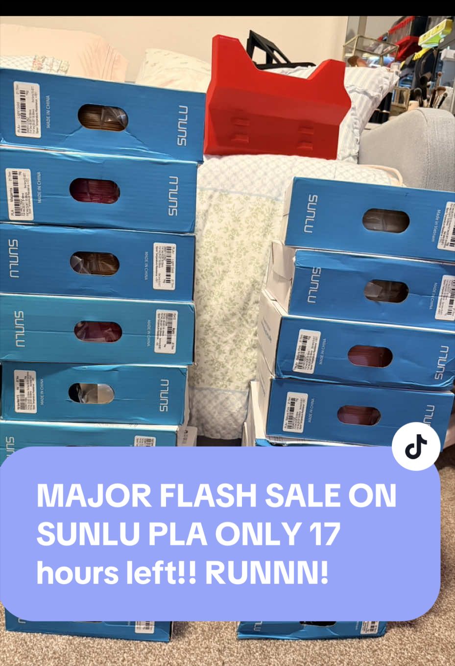 MAJOR FLASH SALE ON SUNLU PLA RUN! Only 17 hours left! It’s May 1 at almost 12am lol, GRAB IT BEFORE ALL COLORS GONE! You also get 40% off when you order 10 or more! Major restock of all colors yesterday too! #newdropsforyou #tiktokshopcreatorpicks #tiktokshopstockup #sunlufilament #filament 