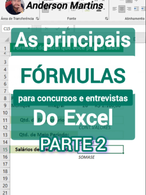 [Excel] Fórmulas e Funções Mais Usadas (Excel para Concursos e Entrevistas de Emprego) - Função somase Quer passar em entrevista de emprego? Então você precisa dominar as fórmulas Excel mais usadas — e neste vídeo eu te mostro exatamente isso na prática. Aqui você vai aprender como fazer fórmula Excel de forma simples e direta, usando exemplos reais com funcionários, idades e salários. São funções básicas do Excel que aparecem em entrevistas, concursos e no dia a dia de qualquer empresa. Você vai ver na prática: ✔ Como usar a função Excel CONT.VALORES para contar dados rapidamente ✔ Como aplicar a função Excel CONT.SE com critérios específicos ✔ Como utilizar a fórmula SOMASE Excel para somar valores de forma inteligente Essas são algumas das principais funções Excel que todo profissional precisa saber, principalmente quem busca Excel para trabalho ou está começando no Excel para iniciantes. Se você quer evoluir com Excel passo a passo, ganhar mais produtividade no Excel e aprender Excel profissional com dicas práticas, esse conteúdo é pra você. 💡 Dica: Salve esse vídeo para revisar depois e acelerar seu aprendizado! Aqui você encontra: fórmulas excel mais usadas, função excel, como fazer fórmula excel, funções mais usadas no excel, excel dicas práticas, excel produtividade, excel truques, excel para trabalho, função média excel, função maior excel, função menor excel, função excel procv e muito mais. Siga para mais dica de Excel TikTok e conteúdos práticos todos os dias. #bollosmartins #excel #cursodeexcel #tutorialexcel #excelbasico #dicasdeexcel #produtividade #excelformulas