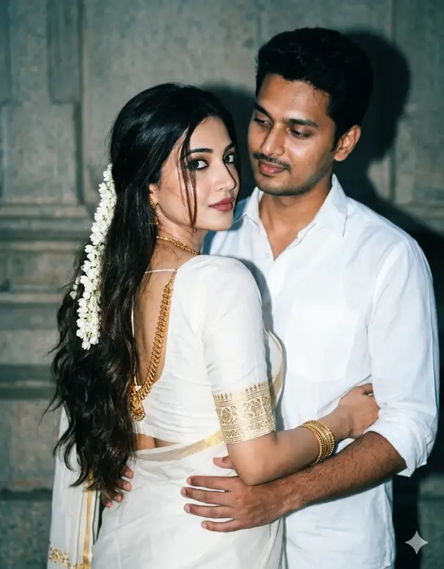 South Indian Couple Prompt : 🤍✨🕊️✨🤍  Create a dreamy Y2K-style portrait of a romantic couple. The woman with long espresso brown hair falling freely down back in loose waves.On my hair, there’s a white gajra over straight strands, and hair is tied with that gajra—not properly-so a few flicks fall over my face. She is wearing a whitish South Indian saree with a matching whitish blouse that has golden embroidery on the sleeve ends. The fabric gently hugs my figure, emphasizing my curves. My skin appears flawless and glows under the camera flash, illuminating it softly. She is wearing a golden temple style necklace that trails down my back, along with several golden bangles. Her makeup is natural. Smooth fair glowing skin, dark black eyeliner and kohl, rose pink lipstick. Man wearing clear simple white shirt with rolled sleeves, She posing with my back slightly turned to the camera, looking over her shoulder with a confident, sultry expression.the man on opposite sight holding her waist softly with looking at her with affection & tenderness. The photo should have a grainy 90s aesthetic, with a structured, neutrally tinted stone wall behind me that appears slightly dull and darker due to the flash. No changes on their facial structure. .., face should be 100% unchanged.SanjArtistryDiary..,.   🌸 Follow For More 🌸  #gemini #fyp #sanjartistrydiary #promptgemini #aesthetic 