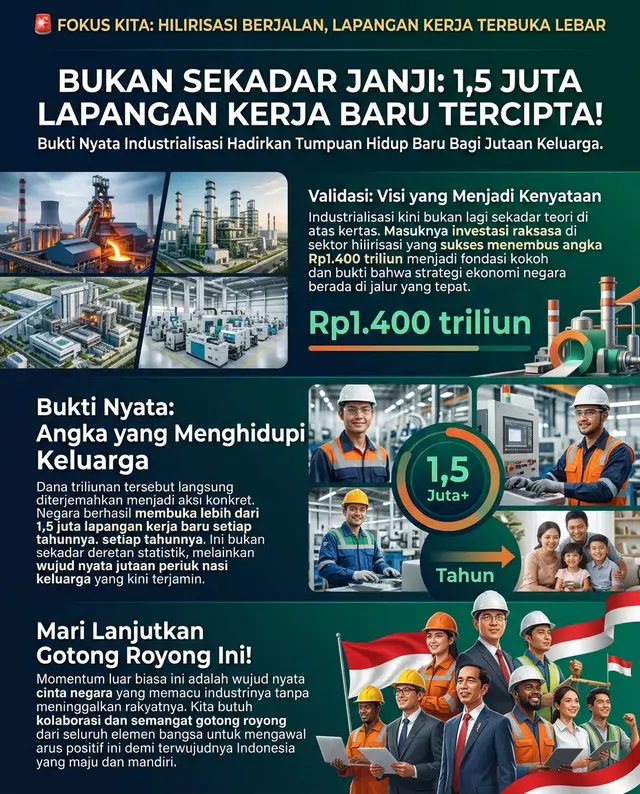 Merinding bacanya! Buat yang lagi pusing cari kerja, ini good news banget buat kita. 🥺 Hilirisasi akhirnya nggak cuma jadi teori di kertas. Investasi gila-gilaan sampe Rp1.400 Triliun beneran narik 1,5 juta lapangan kerja baru per tahun! Ini bukan cuma soal statistik, tapi beneran buka pintu rezeki dan bikin dapur jutaan keluarga tetep ngebul. Saatnya siap-siap apply guys! ✨ Siapa nih yang lagi semangat-semangatnya cari kerja? Coba absen di komen yuk! 👇 #InfoLoker #PejuangRupiah #Hilirisasi #KerjaNyata #IndonesiaMaju