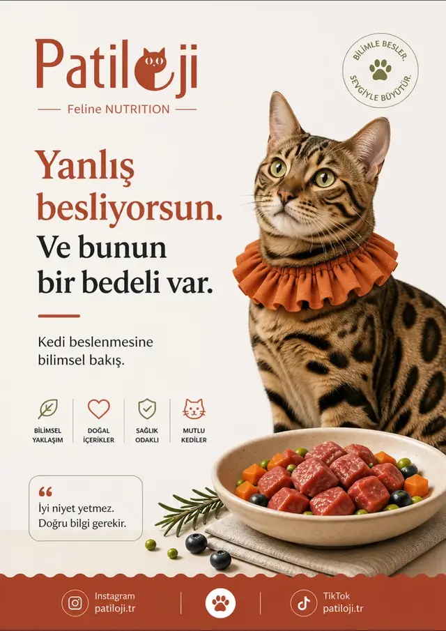 Kedini seviyorsun ❤️ Ama gerçekten ona uygun besliyor musun ❓ Kedi beslenmesi tahminle, kulaktan dolma bilgilerle ya da “iyi marka” algısıyla yönetilecek bir konu değil ⚠️ Kediler zorunlu etoburdur 🐾 ve ihtiyaçları; yaşına, kilosuna, sağlık durumuna ve yaşam tarzına göre ciddi şekilde değişir 📊 Patiloji’de hazırlanan beslenme planları, FEDIAF ve AAFCO beslenme standartları temel alınarak 📚 kedinin bireysel ihtiyaçlarına göre dengelenir ⚖️ Yani sadece “ne verileceği” değil, ne kadar, ne sıklıkta ve hangi dengeyle verileceği net olarak hesaplanır 🧠 Neden bireysel danışmanlık ❓ Çünkü: * Evde yapılan tarifler çoğu zaman eksik ya da dengesizdir  * Yanlış protein ve mineral oranları uzun vadede böbrek, sindirim ve metabolizma sorunlarına yol açar ⚠️ * Kuru mama seçimi çoğunlukla içerik yerine pazarlamaya göre yapılır 🛑 * Takviyeler yanlış kullanıldığında fayda değil zarar verir 🚫 Patiloji ne yapar ❓ * Kedine özel ev yapımı tarifler oluşturur 🍗 * Tüm vitamin, mineral ve enerji ihtiyacını eksiksiz karşılayacak şekilde dengeler ⚖️ * Kuru mama kullanımı gerekiyorsa en doğru içerikleri seçer 🥣 * Yaş mama, geçiş planı ve takviyeleri bilimsel temelde planlar 📚 * Sindirim, kilo, hassasiyet gibi konuları kediye özel optimize eder 🐾 Doğru beslenme bir tercih değil, bir sorumluluktur ⚠️ Bugün yaptığın seçimler, yarın kedinin sağlığını belirler ⏳ Kedine gerçekten uygun bir beslenme planı istiyorsan 👉 yorum olarak yaz 📩 👉🏽 ya da bize DM gönder 😽 Patiloji | Kedi Beslenme Danışmanlığı Instagram & TikTok: @patiloji.tr #patiloji #kedi #kediler #like #kediannesi 