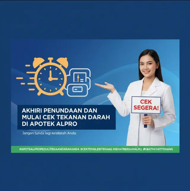 Mengakhiri kebiasaan menunda adalah langkah awal menjaga kesehatan. Pemeriksaan tekanan darah rutin membantu mendeteksi risiko lebih awal. Apoteker profesional di Apotek Alpro siap memberikan edukasi yang jelas dan membantu kamu menjaga kesehatan. 