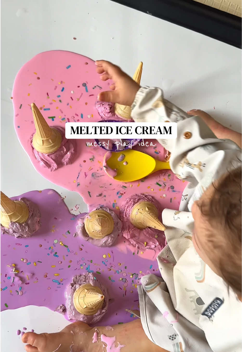 Welcome back to messy play Monday! This week is how to make melted ice cream 🍦 To heat treat the cornstarch: Spread cornstarch on a baking tray, And  pop it in a pre-heated oven at 130°C (265°F) for 5–10 minutes,   give it a stir halfway through. Oobleck: 2 cups (256g) cornstarch  1 cup (240 ml) water  #messyplay #sensoryactivities #sensoryplay #oobleck #motherhood 