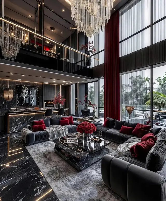 Sự kết hợp táo bạo giữa tông màu đen huyền bí, đá marble vân mây và các điểm nhấn đỏ nhung quyền quý. Thiết kế tối ưu hóa ánh sáng từ hệ đèn chùm pha lê và kính kịch trần, tạo nên một tổng thể xa hoa, tinh tế và đầy tính nghệ thuật. #PenthouseLiving #NoiThatSangTrong #HomeDecor #LuxuryLife #MarbleDesign 