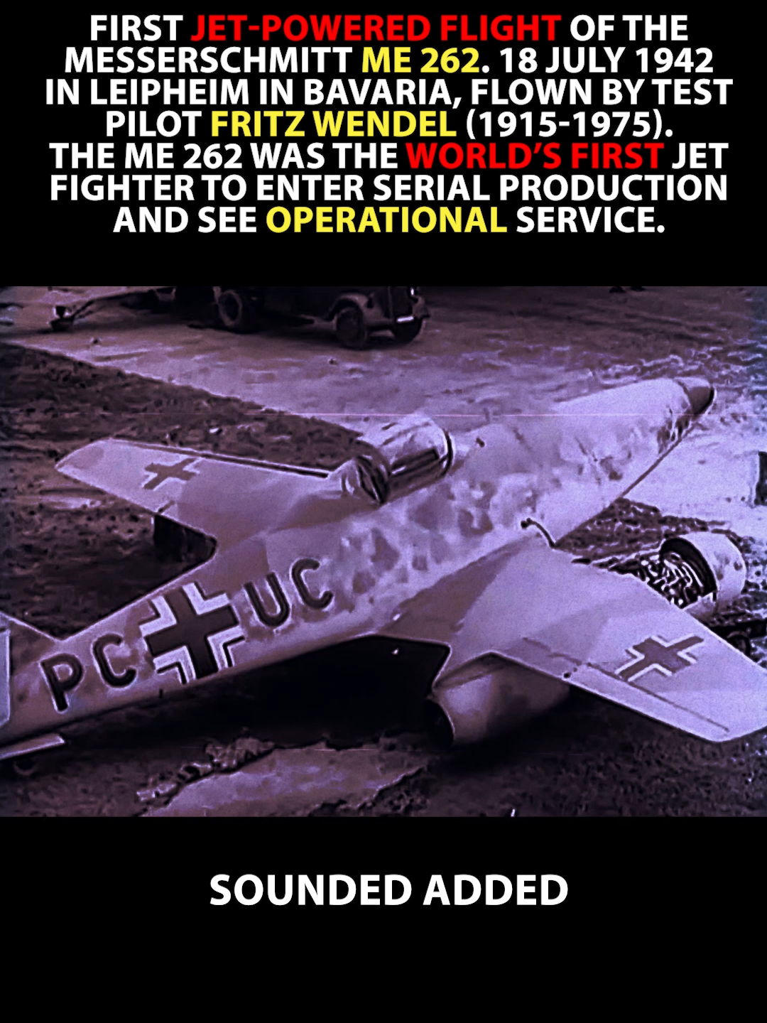 The Messerschmitt Me 262 was the world’s first jet fighter to enter serial production and see operational service. Equipped with two Junkers Jumo 004 engines, it had around 17,6 kN (3,960 lbf) of thrust, and was heavily armed with four 30mm machine canons. While it turned out to be an excellent fighter, the Allies simply countered the Me 262 with their higher numbers and by attacking the Me-262 during take-off and on the runways. The Me-262 had its first flight in April 1941, using piston engines, and the first jet-powered flight on July 18th, 1942, during a test flight in Leipheim in Bavaria, flown by test pilot Fritz Wendel (1915-1975). This was not the world’s first flight of a jet plane however ; this honor goes to the experimental Heinkel He 178 from August 1939.  The following is footage from that test flight of the Me 262. I've added in sound. #ww2 #messerschmitt #jetplane #jet #military #aircraft #war #historytok
