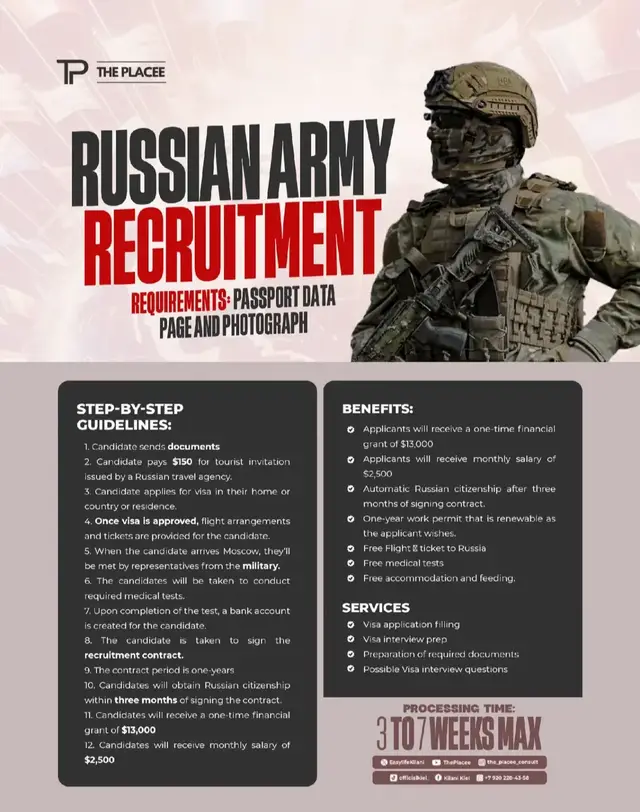 The Russian Army is recruiting! NOTE: If your country is on this list, you’re not eligible to join the army. Only those whose countries are not on the list can join. Please confirm before sending us a dm. Here's your chance to join through The Placee Consult, we handle everything from your visa application to your safe arrival in Moscow. Enjoy exclusive benefits: ✅One-time financial grant of $13,000 ✅ Monthly salary of $2,500 ✅ Free flight, accommodation & feeding ✅ Free medical tests ✅ Automatic Russian citizenship after 3 months Requirements: Passport data page & photograph Processing time: 3 to 7 weeks max Send us a DM now to begin your application and take the next bold step in your career journey. #russianarmy #relocate #travelabroad  #goviral #fyp 