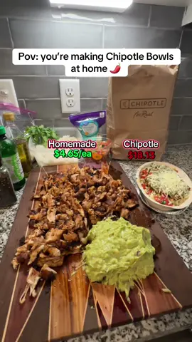 4x the amount of Double Chicken Chipotle Bowls with guacamole at home for about the same price. #chipotle #chipotlebowl #guacamole #fyp #trending 