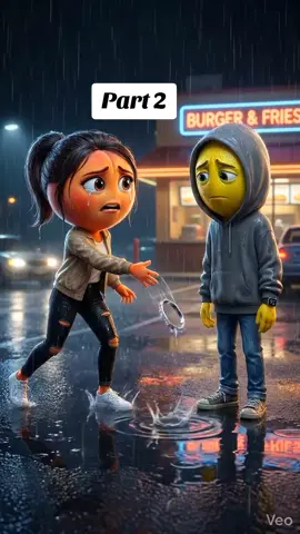 Auf dem Außenparkplatz des Fast Food Restaurants unter leichtem Regen trennt sich Pêche von Citron indem sie ihr Armband in eine Wasserpfütze wirft. Citron bleibt regungslos im Regen stehen während hinter ihnen Autos vorbeifahren.#allemandfacile 